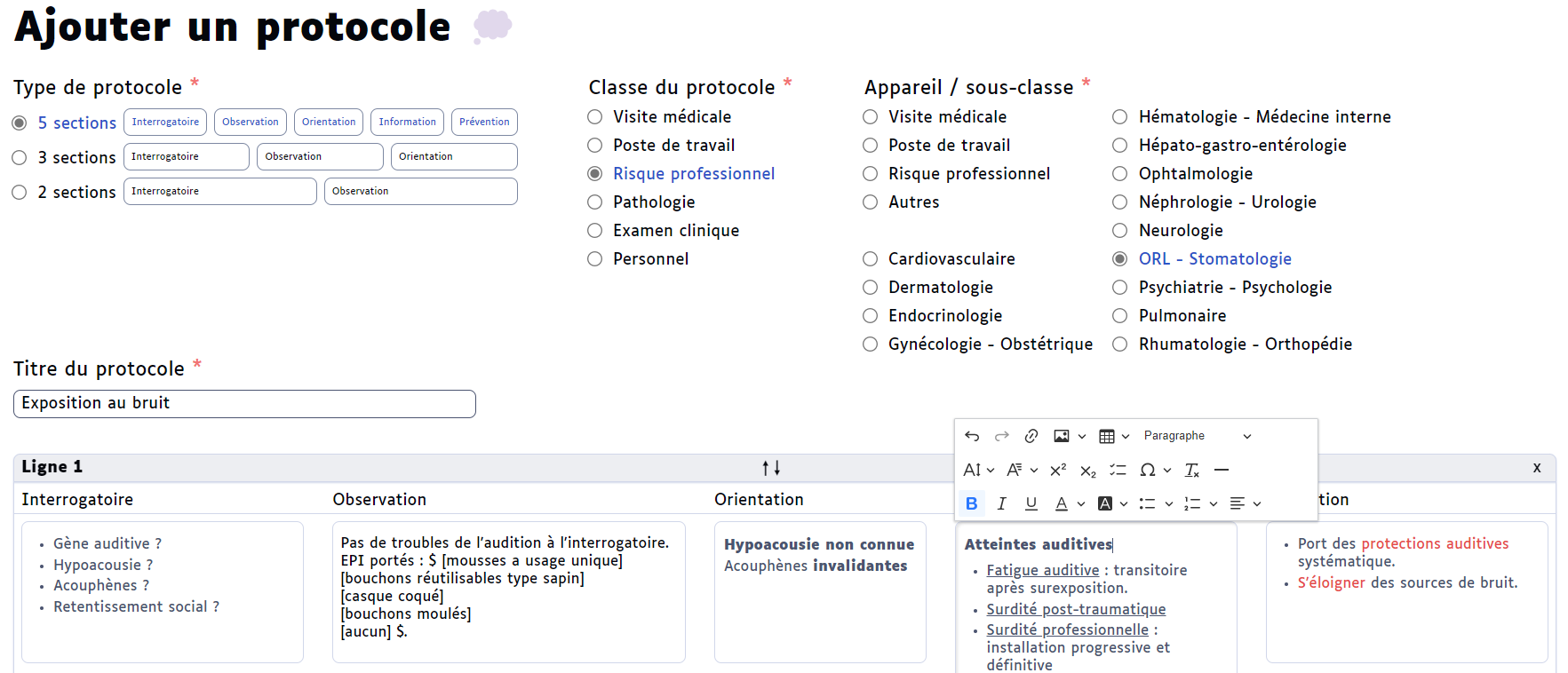 interface de création d'un nouveau protocole